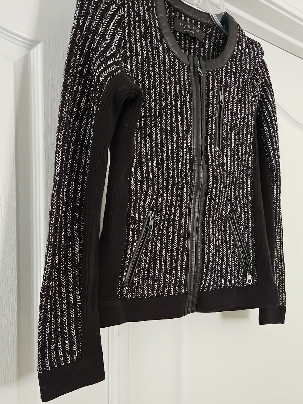 Rag & Bone Paula Black Leather-Trim Ribbed Knit Jacket Size XS - Picture 5 of 9